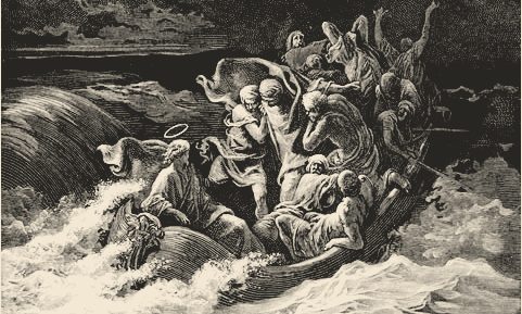 Jesus calming the tempest, engraving by Gustave Doré